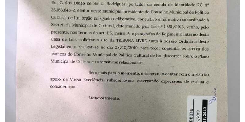 Requerimento da Tribuna Livre sobre o PMC e outros temas - Outubro de 2019